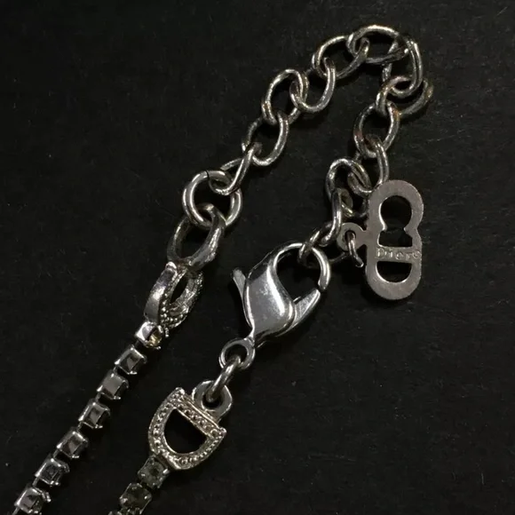 Authentic Christian Dior Logo Plate Rhinestone Silver Tone Pendant Necklace - Picture 6 of 16